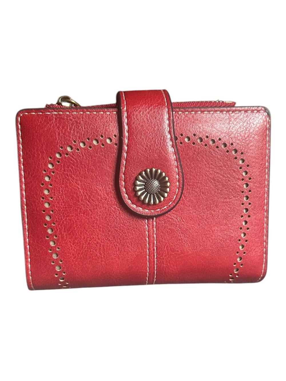 Red Bifold wallet faux leather, Sunflower snap closure, zipper coin pocket.